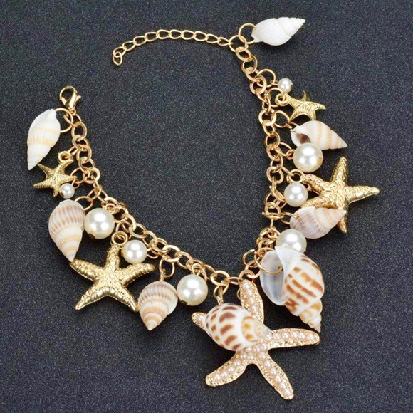🌊🐚 Gold Charm Bracelet Real Shell Pearl Starfish - Picture 6 of 7